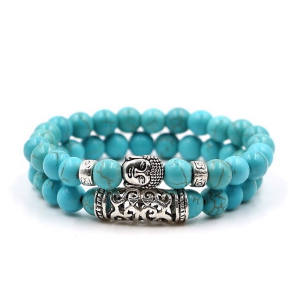 Turquoise Stone Bead Buddha Double Bracelets